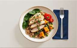 Chicken with Pumpkin Accompanied by Brown Rice and Peas