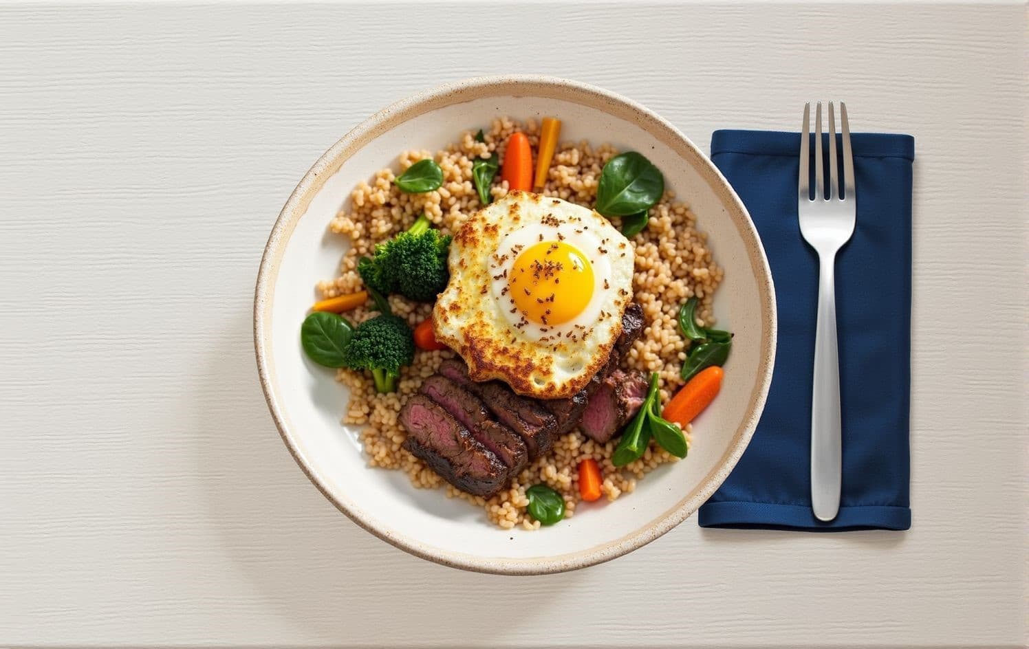 Bife a Cavalo - Filet couvert d'un œuf frit, servi avec du riz complet et des légumes