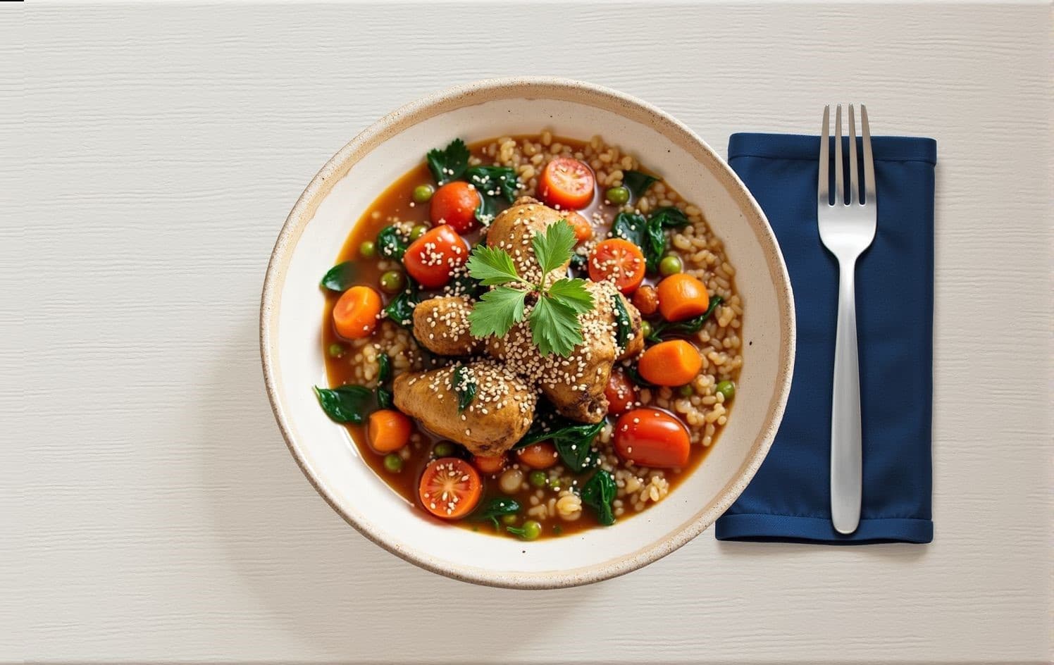 Poulet mijoté avec gombo, servi avec du riz et de la farine de manioc et des légumes