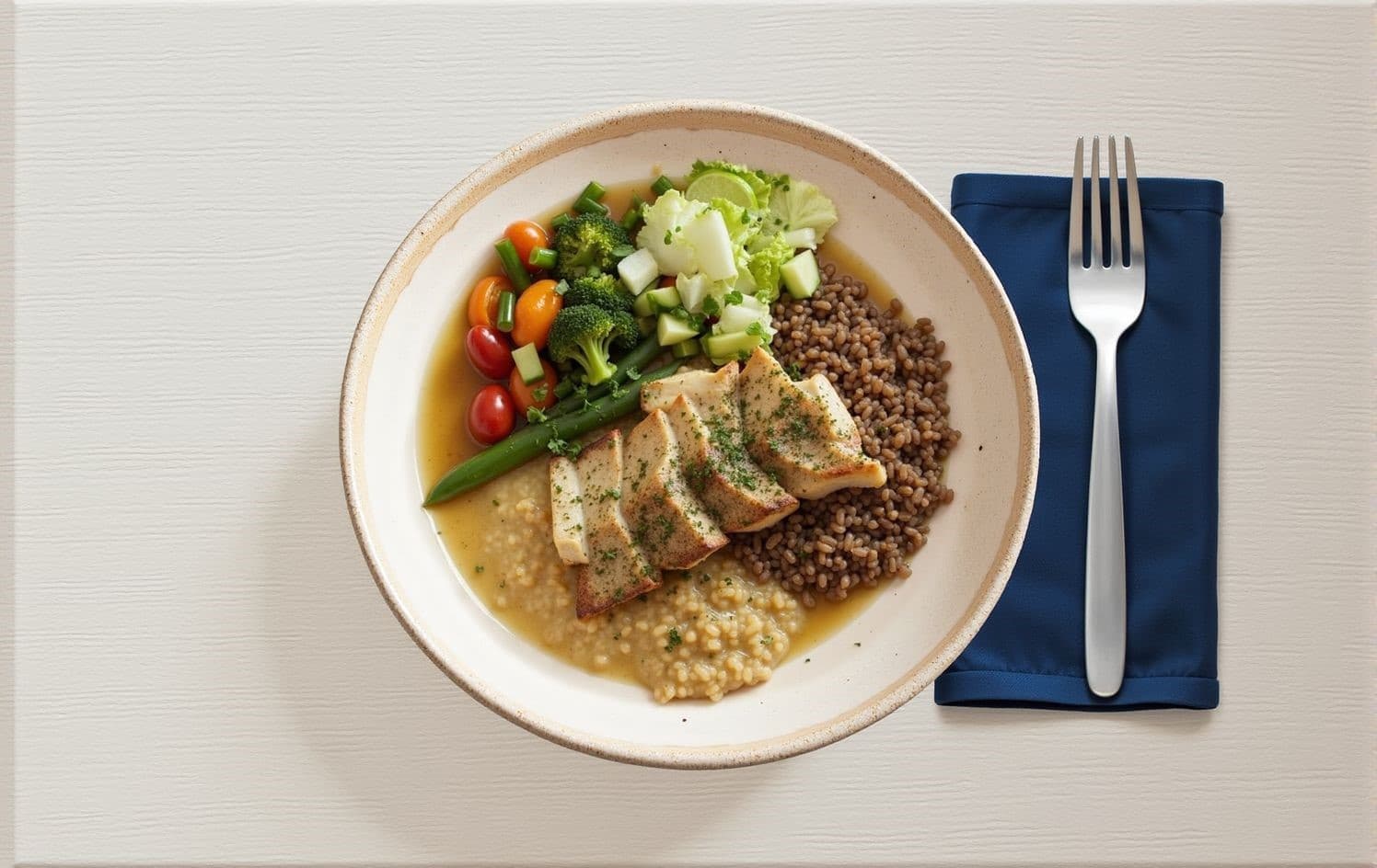 Pirão de Peixe (Gachas Espesas de Harina de Yuca con Caldo de Pescado) con Arroz Integral, Verduras y Ensalada Fresca