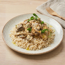 Stroganoff de ternera con arroz integral