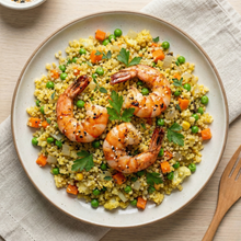 Arroz de coliflor al curry con gambas