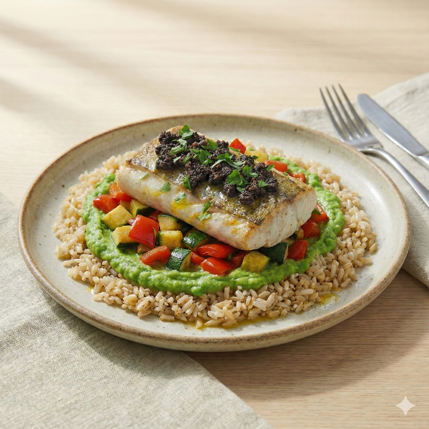 Hake with mint pea cream and pipirrana