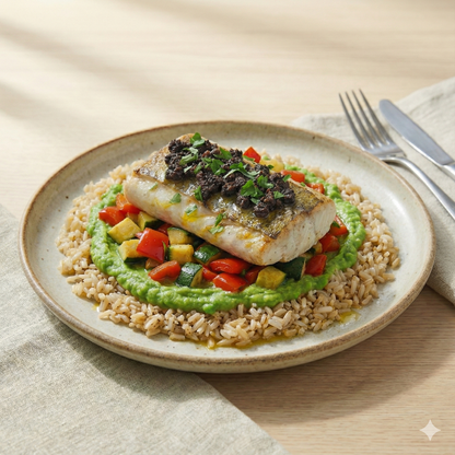 Hake with mint pea cream and pipirrana