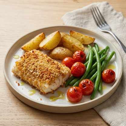 Hake with panko-cheese crust and warm bean salad