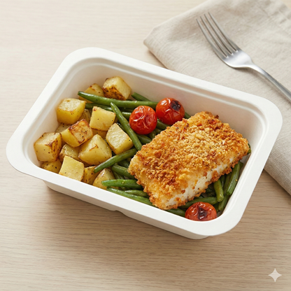 Hake with panko-cheese crust and warm bean salad