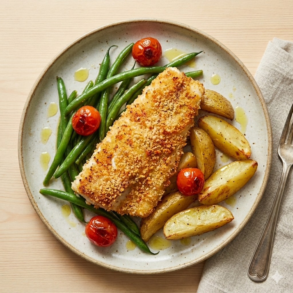 Hake with panko-cheese crust and warm bean salad