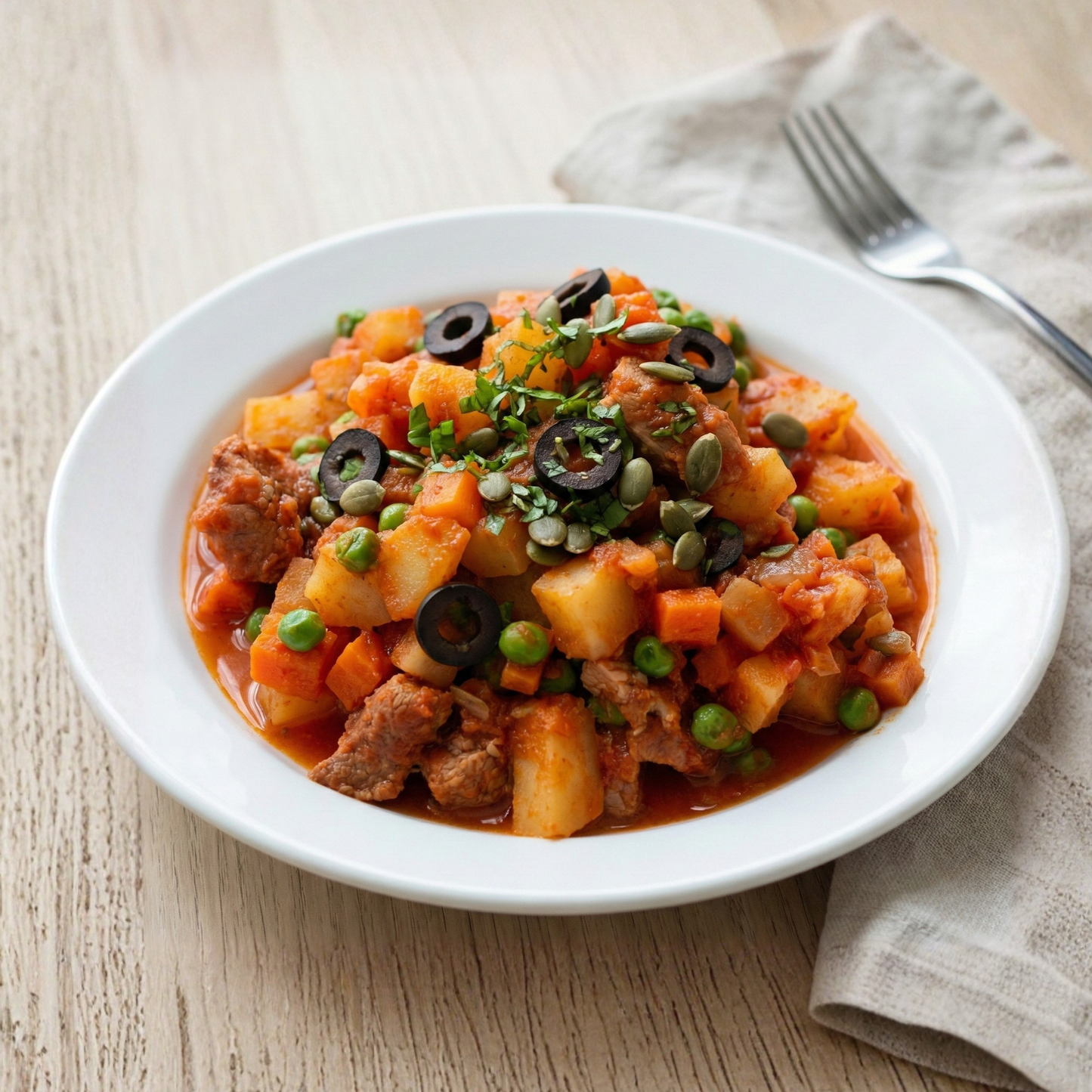 Latin pork stew with vegetables and pumpkin seeds