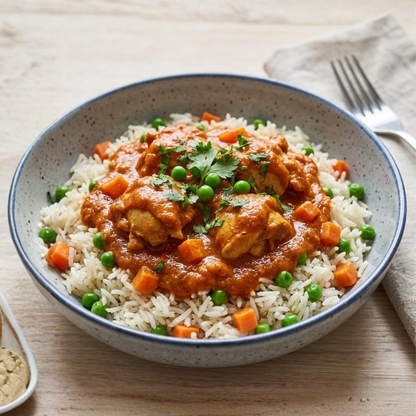 Light butter chicken with basmati pilaf and peas