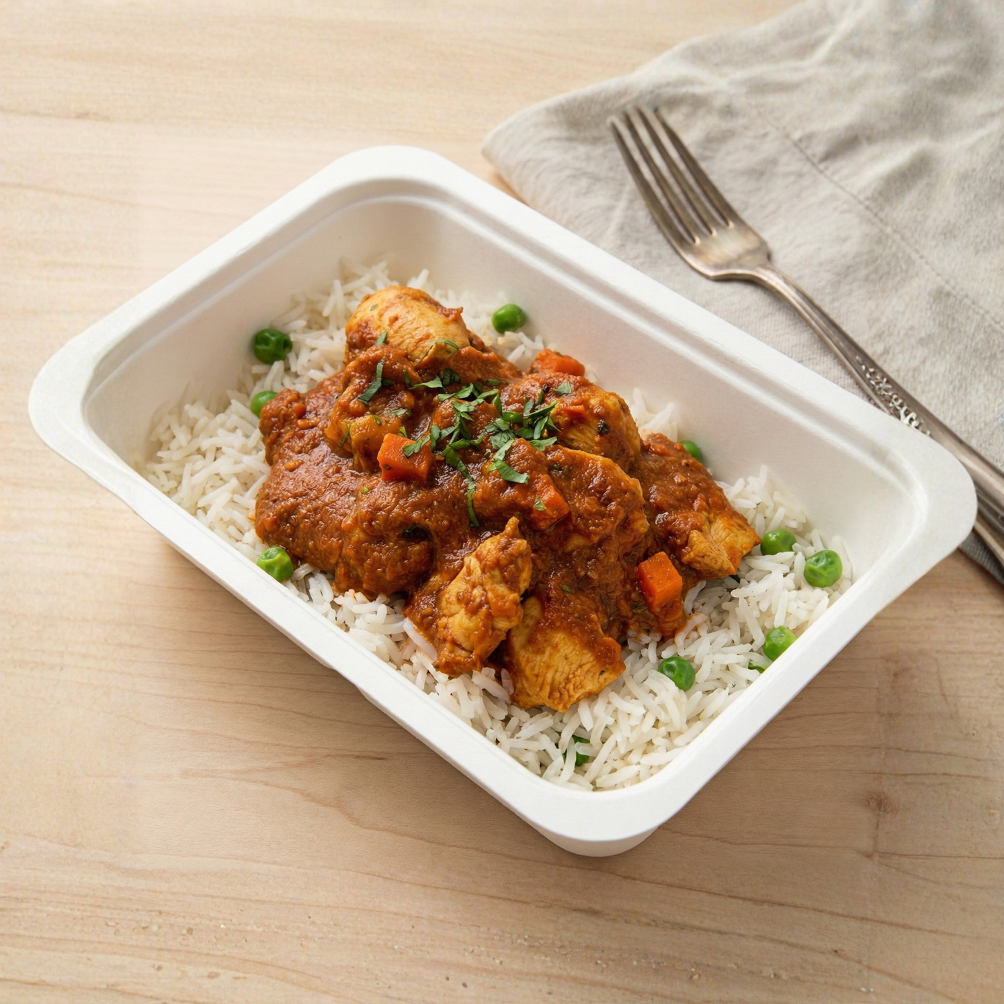 Light butter chicken with basmati pilaf and peas