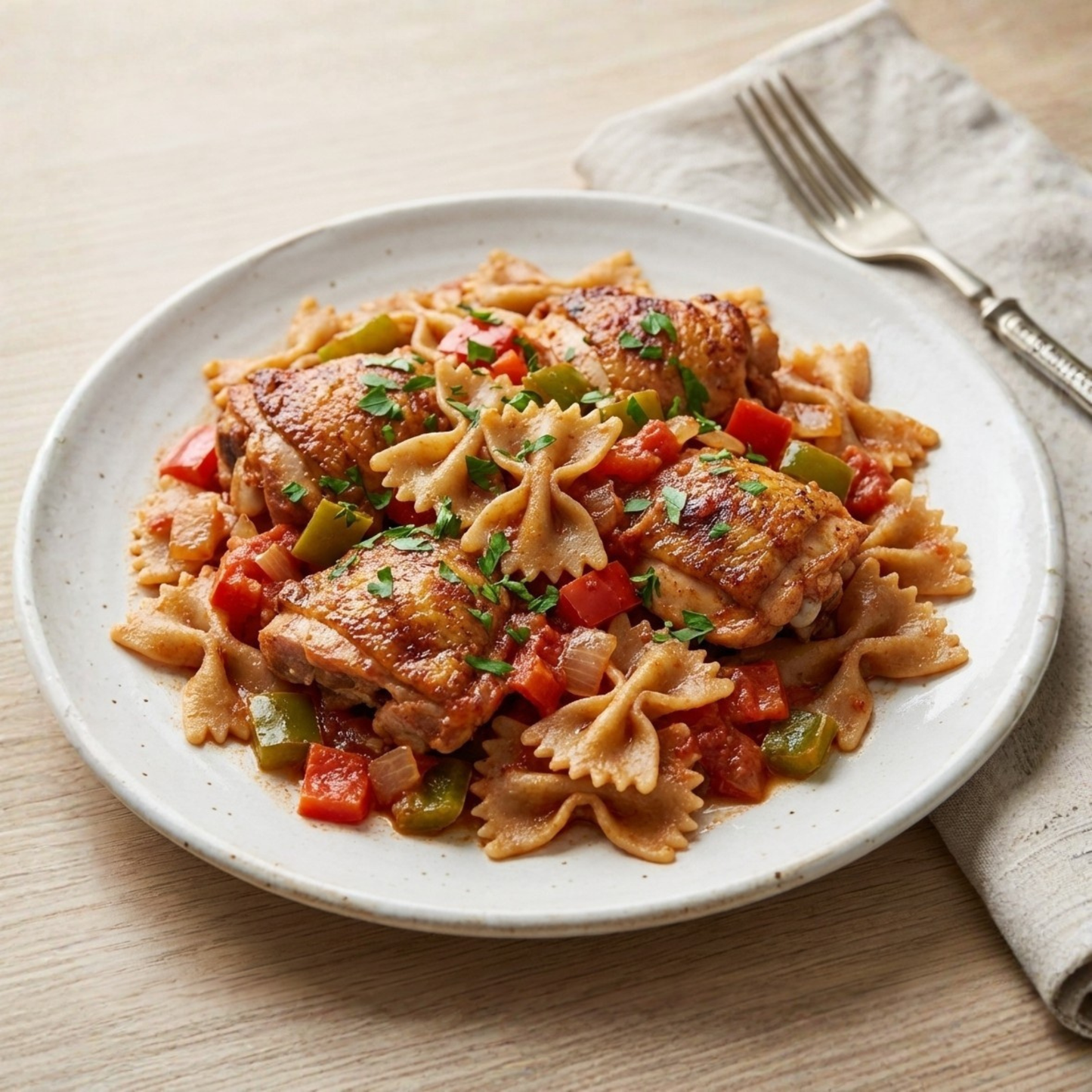 Light chicken chilindrón with farfalle