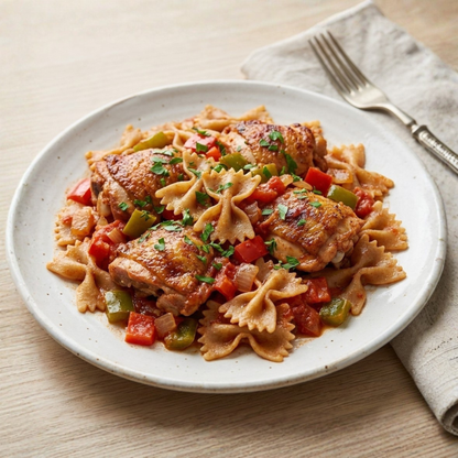 Light chicken chilindrón with farfalle
