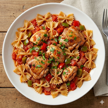 Light chicken chilindrón with farfalle
