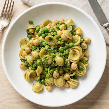 Orecchiette with chickpeas, kale and sun-dried tomato pesto