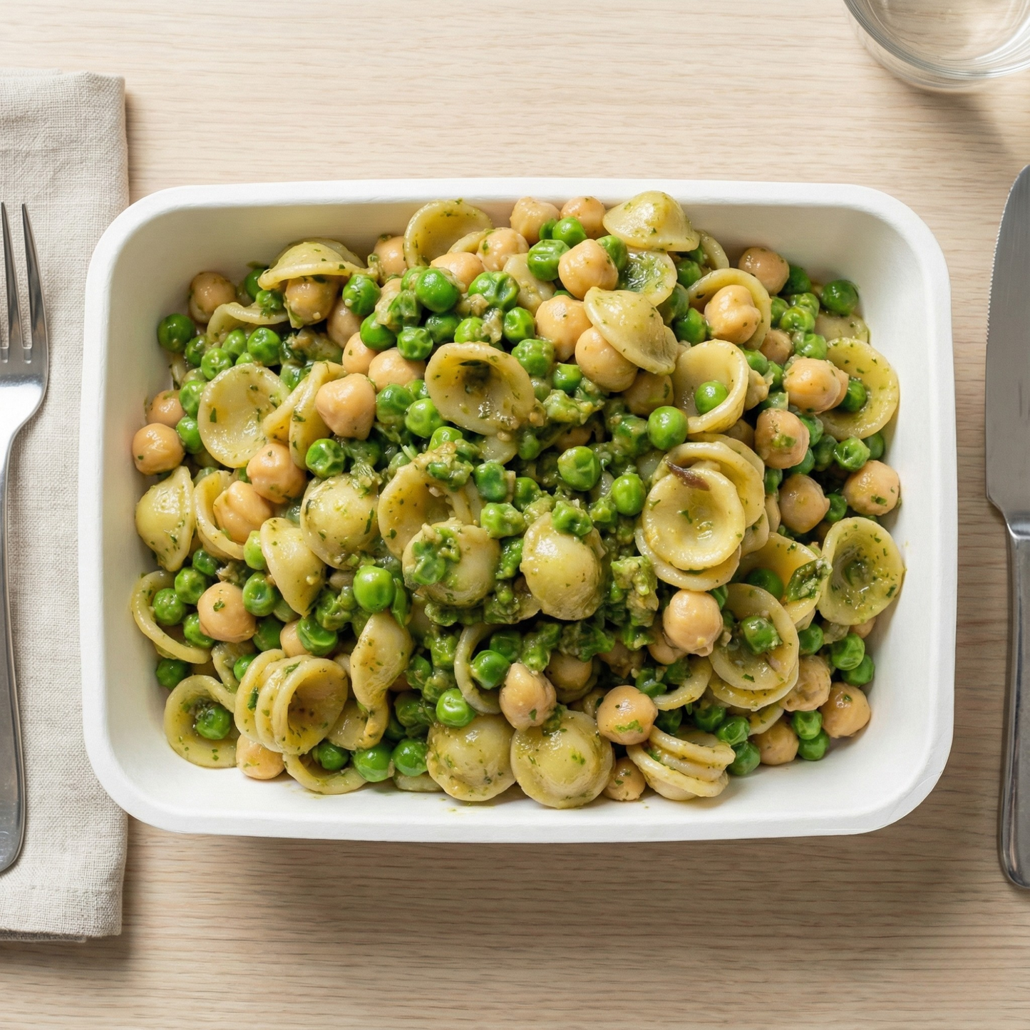 Orecchiette with chickpeas, kale and sun-dried tomato pesto