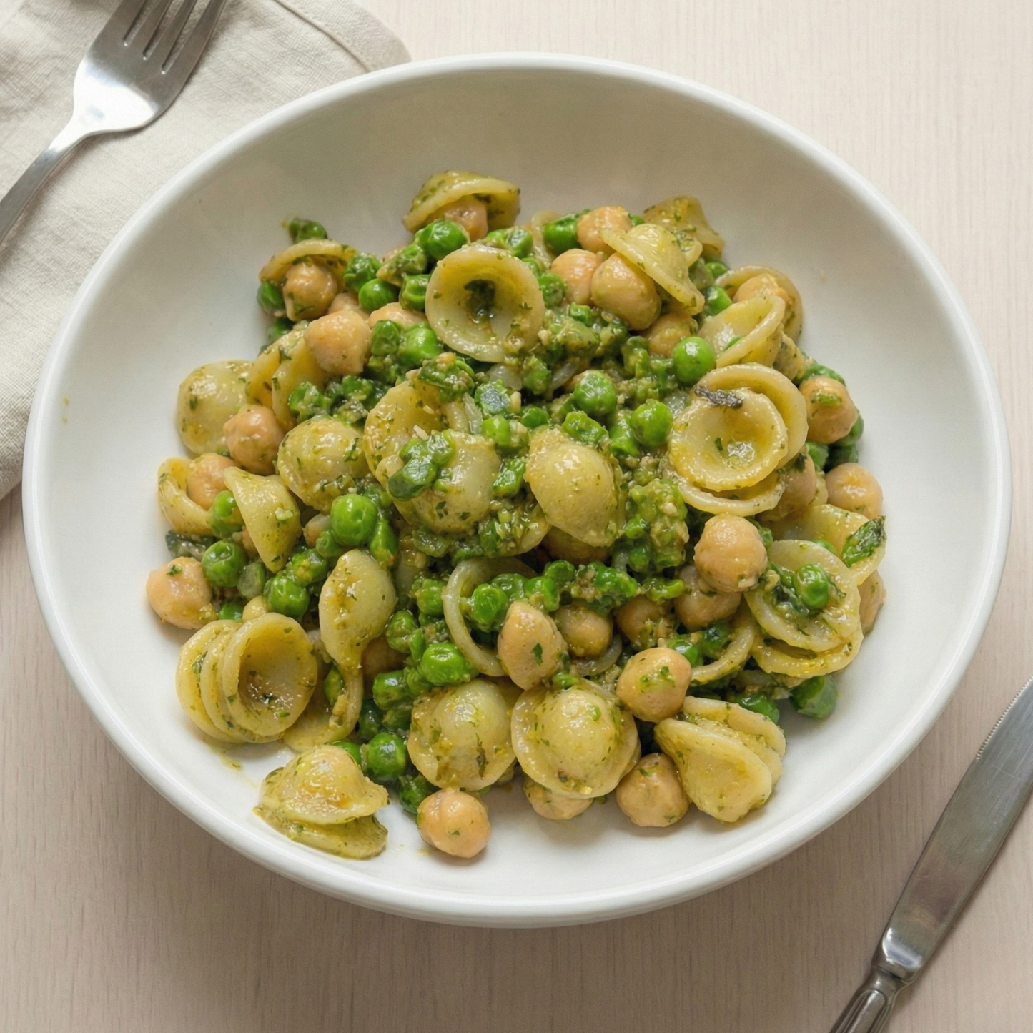 Orecchiette with chickpeas, kale and sun-dried tomato pesto