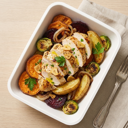 Pork loin with dates and vegetables, with roasted potatoes