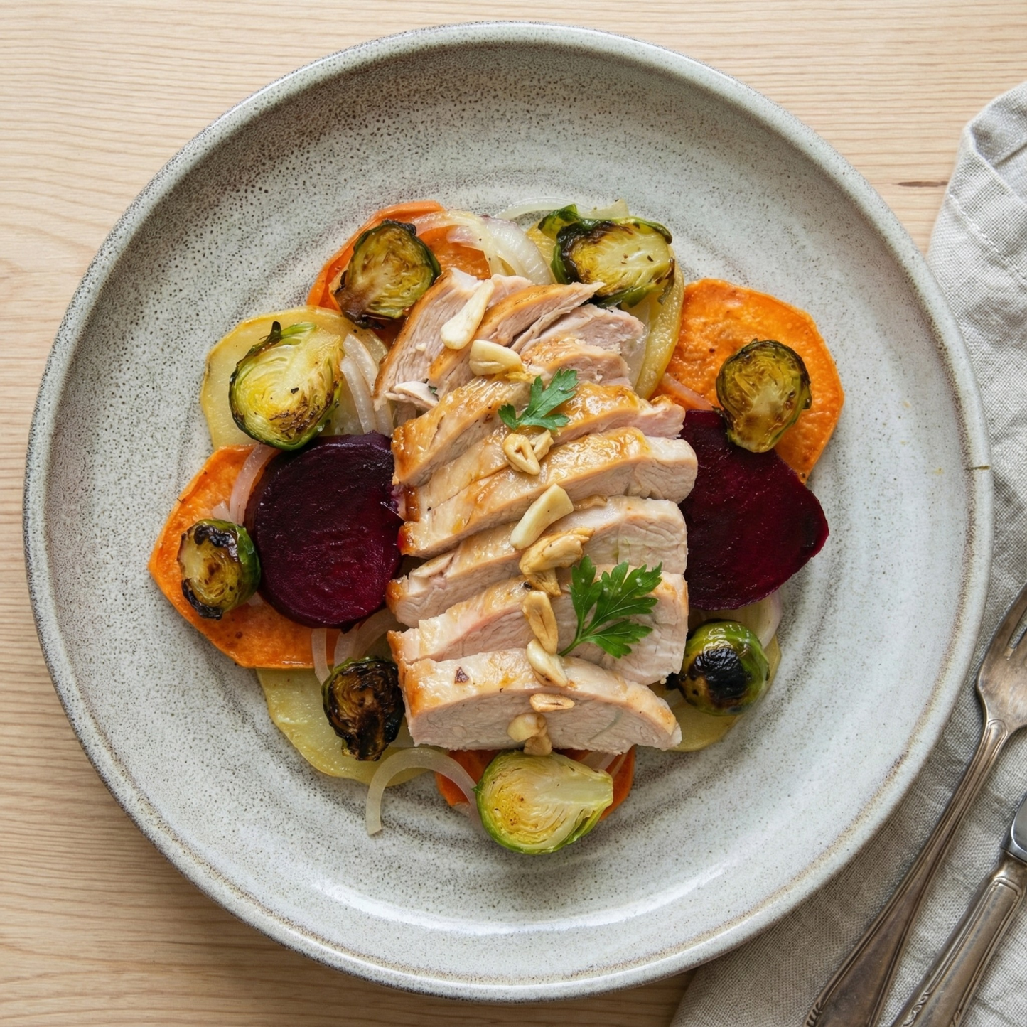 Pork loin with dates and vegetables, with roasted potatoes