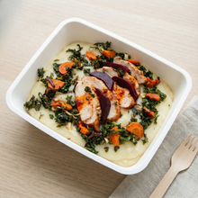 Pollo asado con verduras con harissa y puré de coliflor y patata