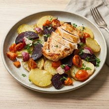 Pollo asado con raíces