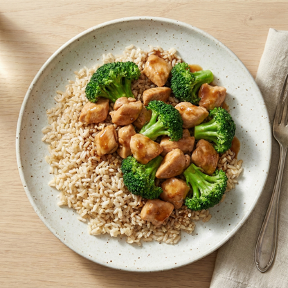 Teriyaki chicken with rice and broccoli