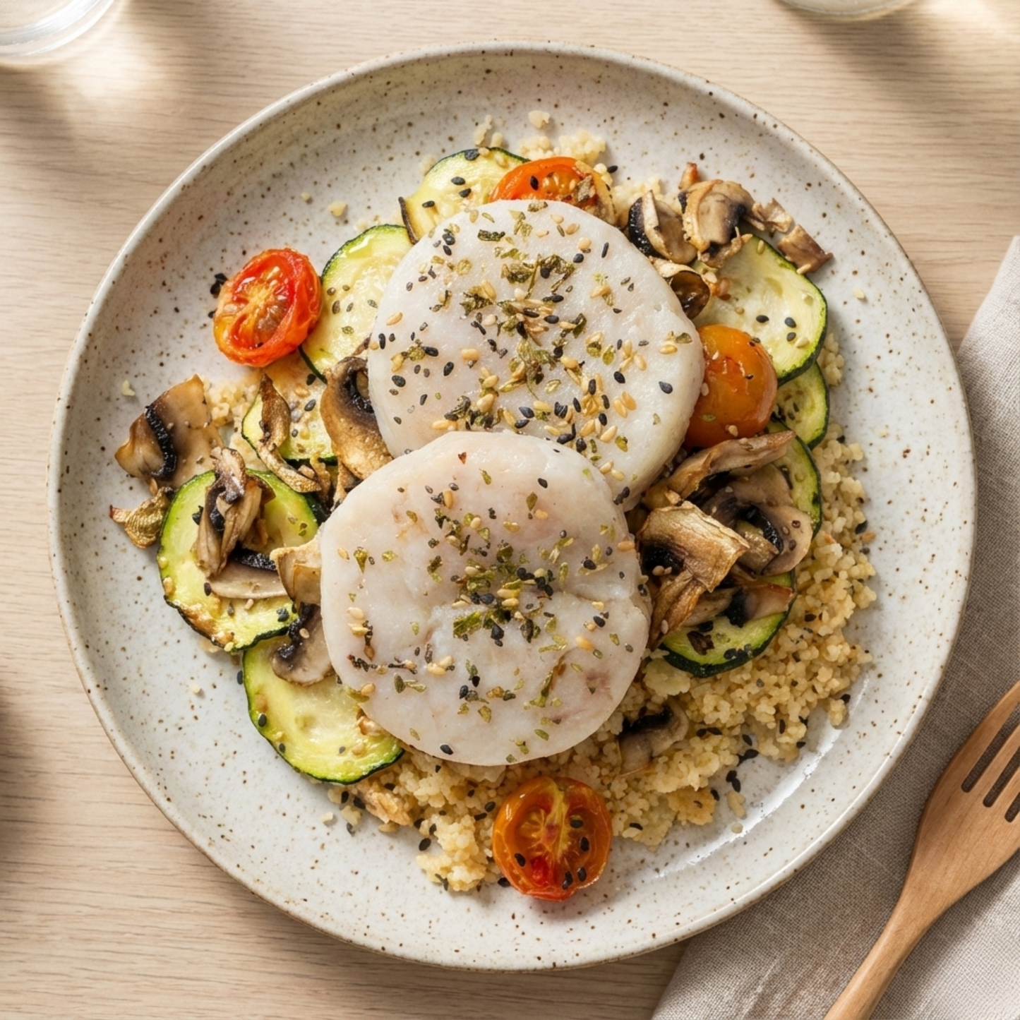 White fish with tomato, zucchini and bulgur