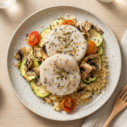 White fish with tomato, zucchini and bulgur