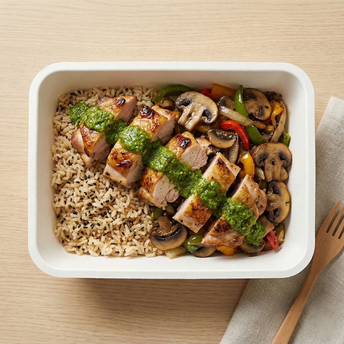 Wok chicken with vegetables and green mojo